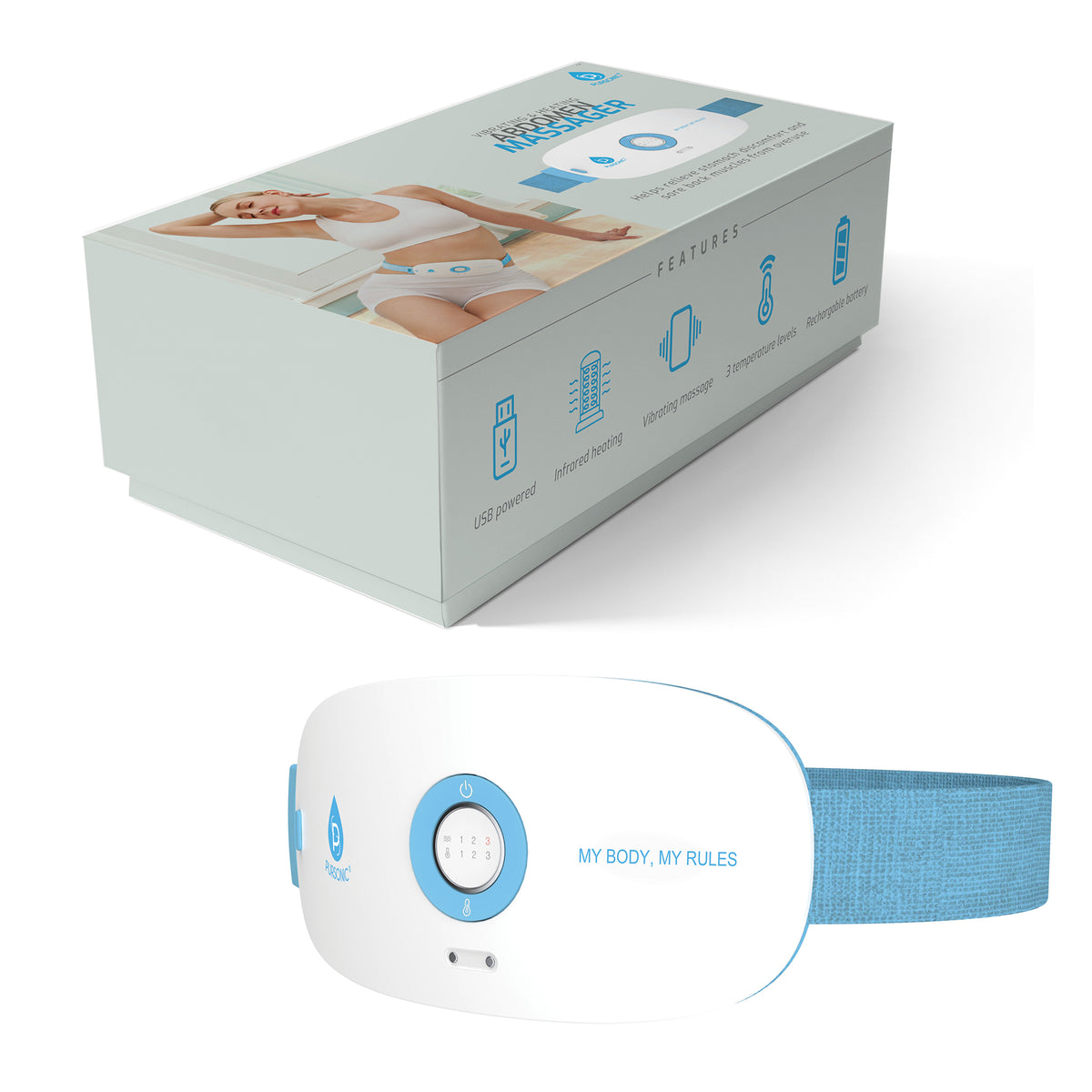 Stomach & Back Massager, 3 Vibration Levels, 3 Heat Settings & USB  Rechargeable