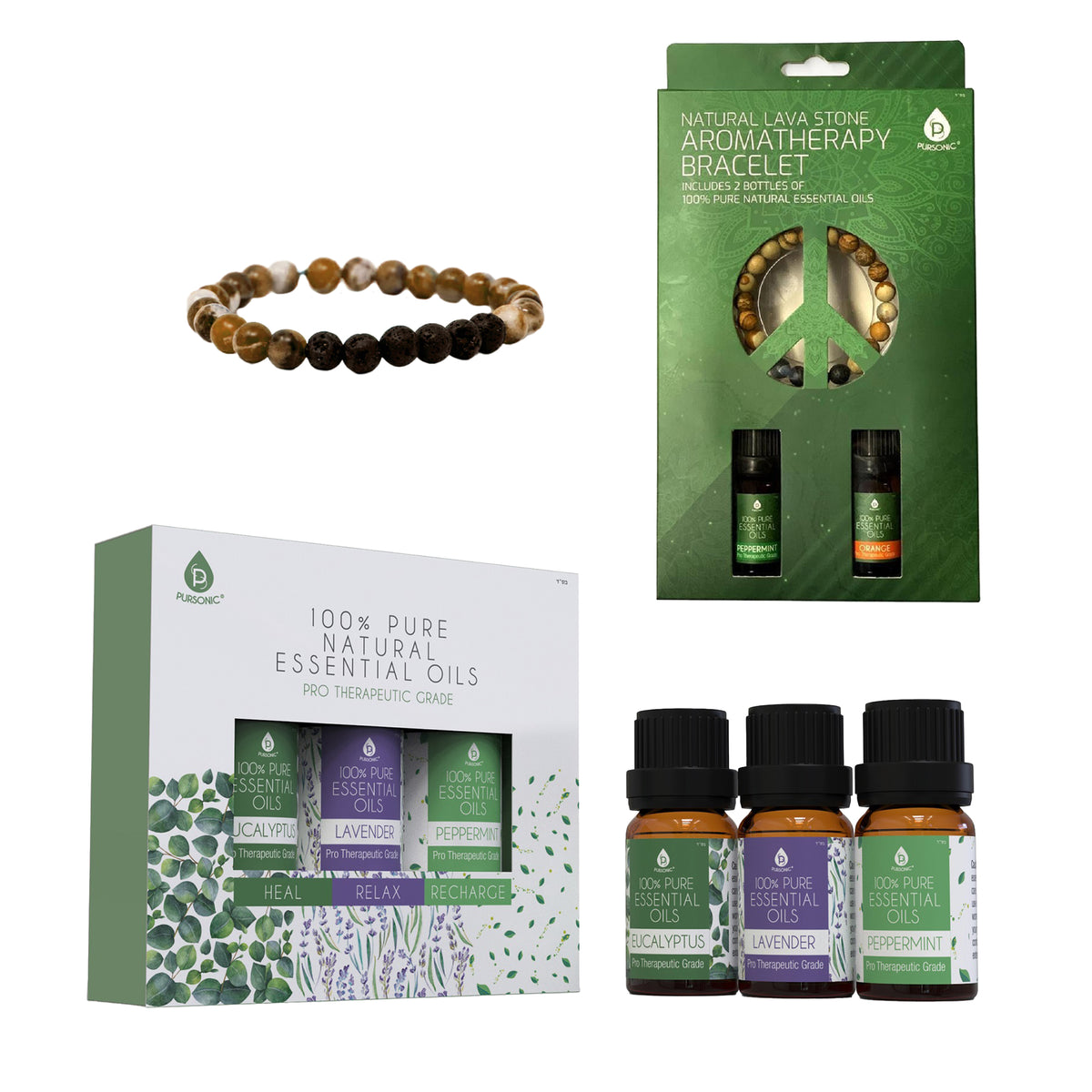 Pursonic Aromatherapy Bliss Set: Lava Stone Bracelet with 100% Pure Es