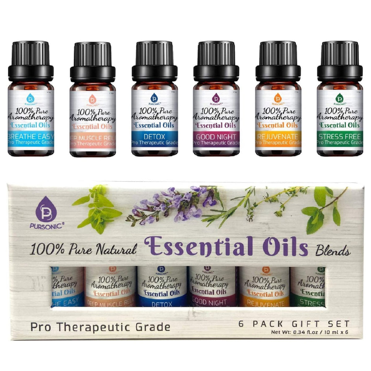 Pursonic 100% Pure Essential Aromatherapy Oils Gift Set (8-Pack)